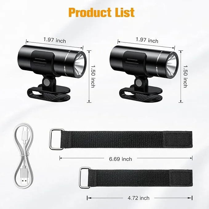 2 Packs Waterproof Clip on Flashlight,Super Bright LED Rechargeable Night Running Lights,Suitable for Use with Headlights for Camping,Maintenance,Night Fishing,Jogging and Dog Walking