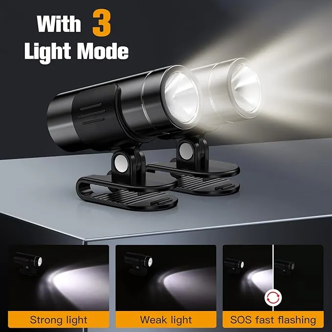 2 Packs Waterproof Clip on Flashlight,Super Bright LED Rechargeable Night Running Lights,Suitable for Use with Headlights for Camping,Maintenance,Night Fishing,Jogging and Dog Walking