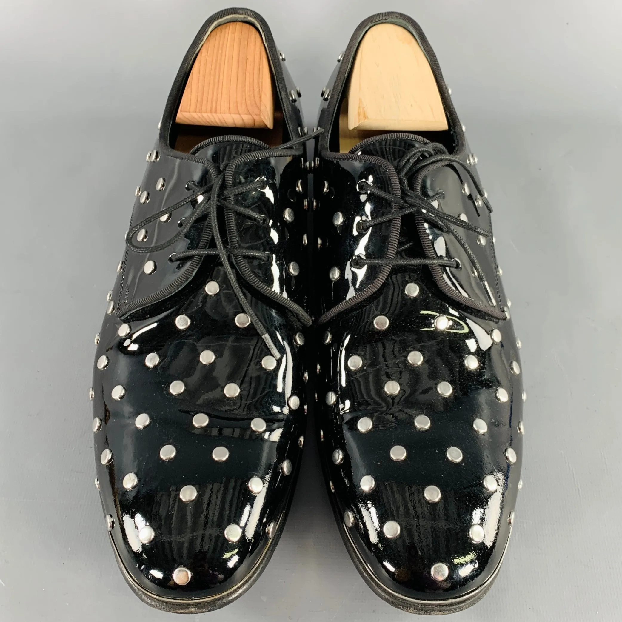 ALEXANDER MCQUEEN Size 10 Black Patent Leather Silver Studded Lace-Up Shoes