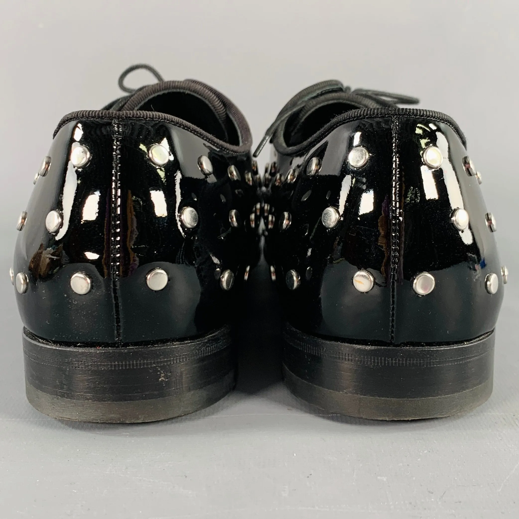 ALEXANDER MCQUEEN Size 10 Black Patent Leather Silver Studded Lace-Up Shoes