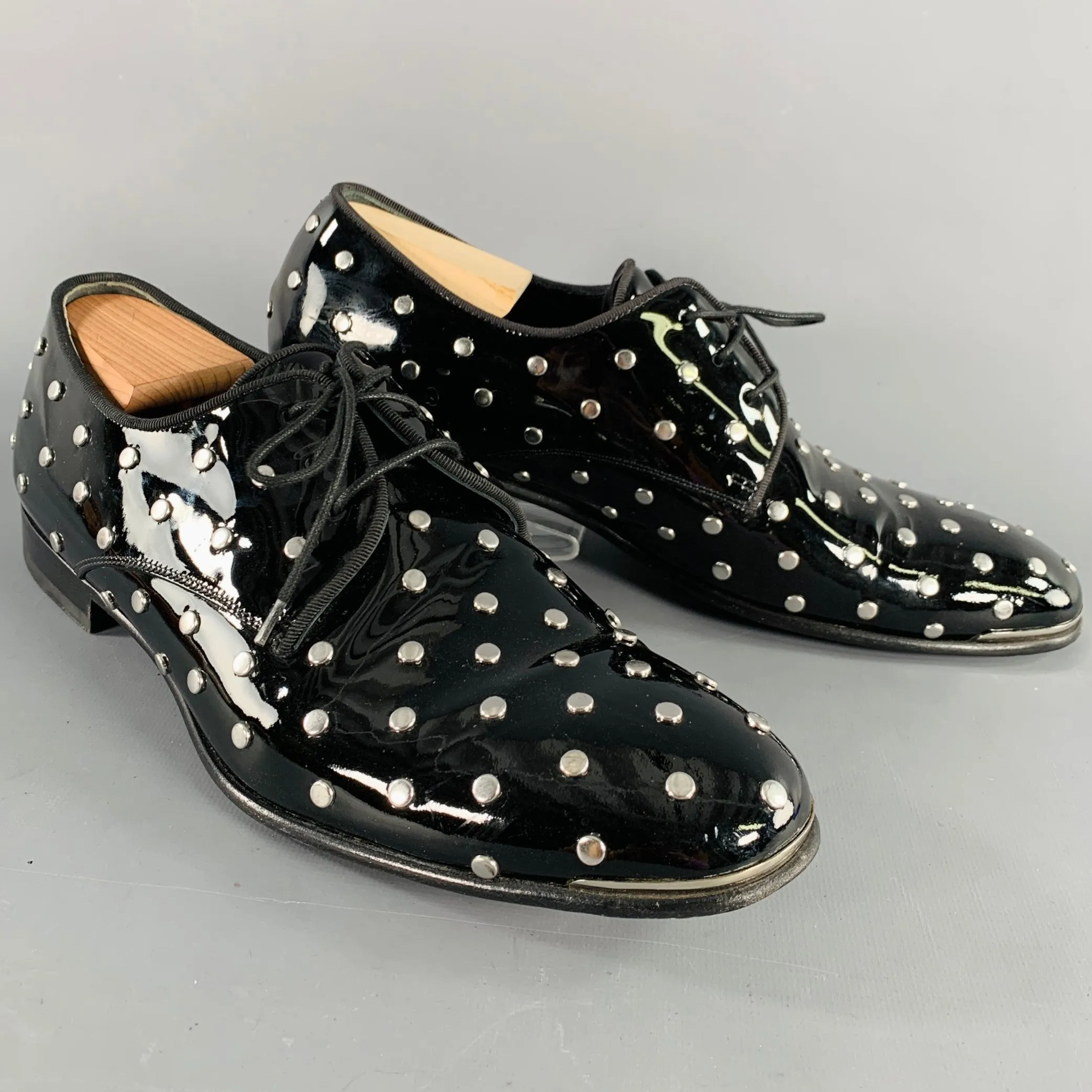 ALEXANDER MCQUEEN Size 10 Black Patent Leather Silver Studded Lace-Up Shoes