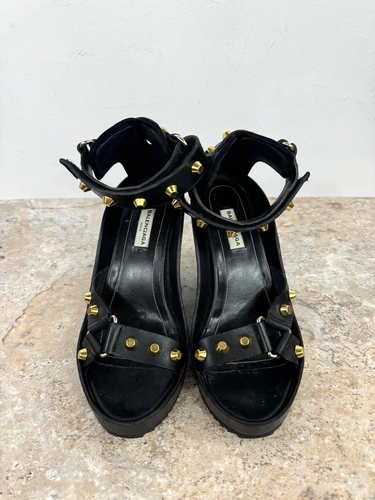 BALENCIAGA ARENA STUD LEATHER WEDGE SANDAS