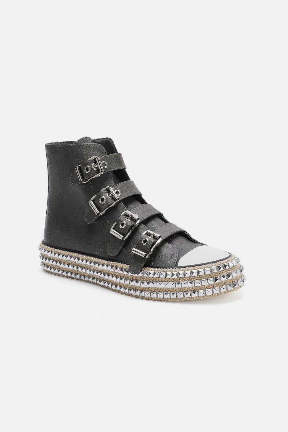 Beast Fashion Multi-Buckle Straps Studded Platform Sneakers In Black