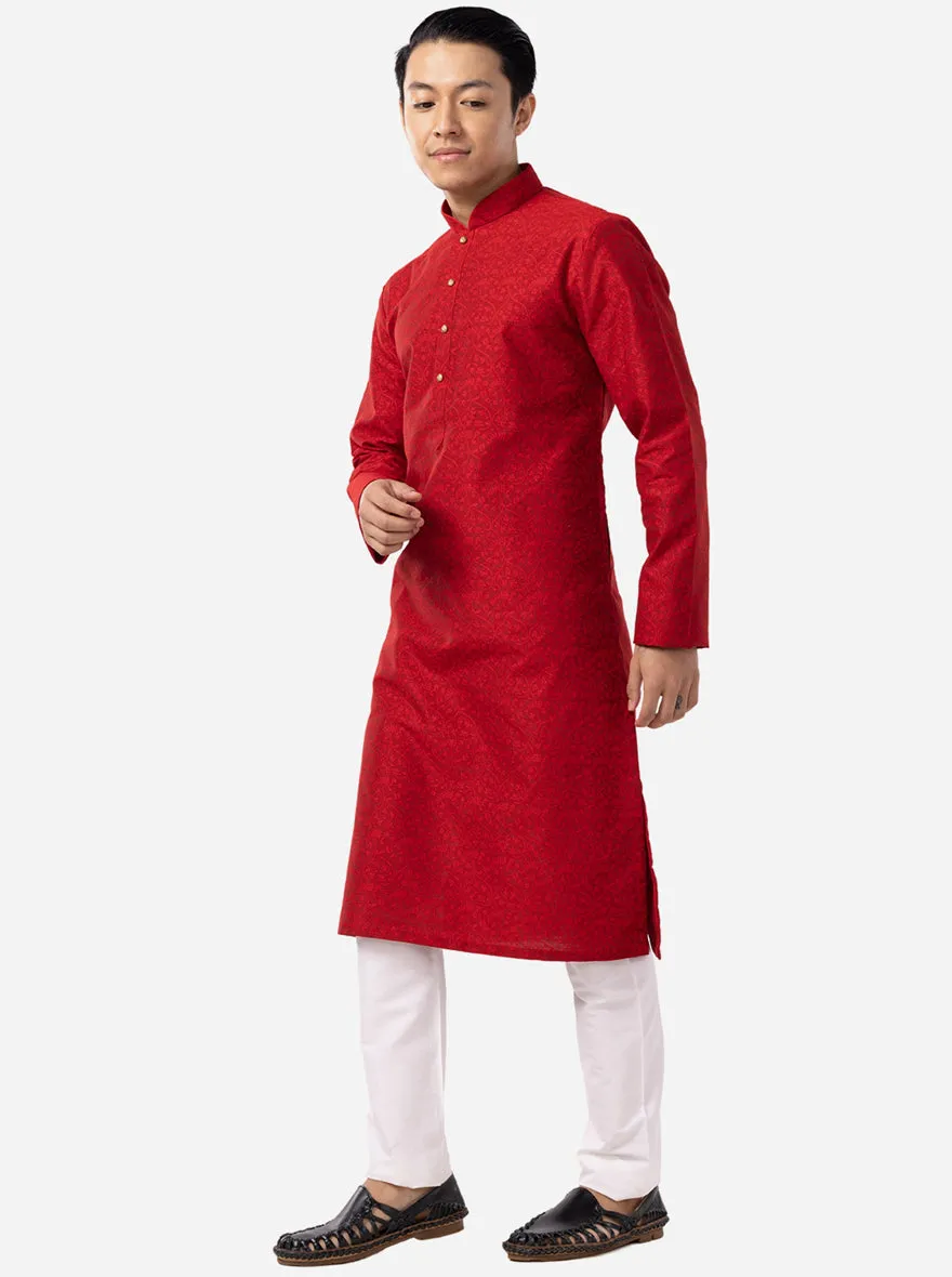 Blood Red Printed Cotton Blend Kurta for Men