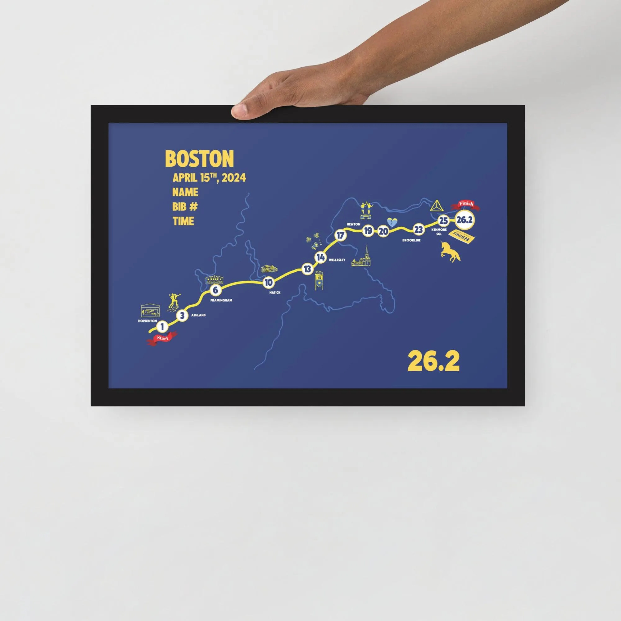 BOSTON MAP PRINT - PERSONALIZED MARATHON MAP WITH YEAR, FINISHER TIME, BIB NUMBER - MARATHON MAP