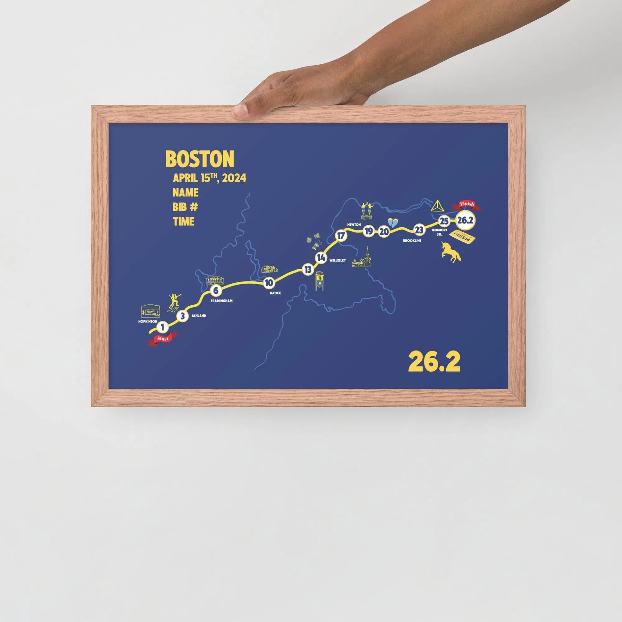BOSTON MAP PRINT - PERSONALIZED MARATHON MAP WITH YEAR, FINISHER TIME, BIB NUMBER - MARATHON MAP