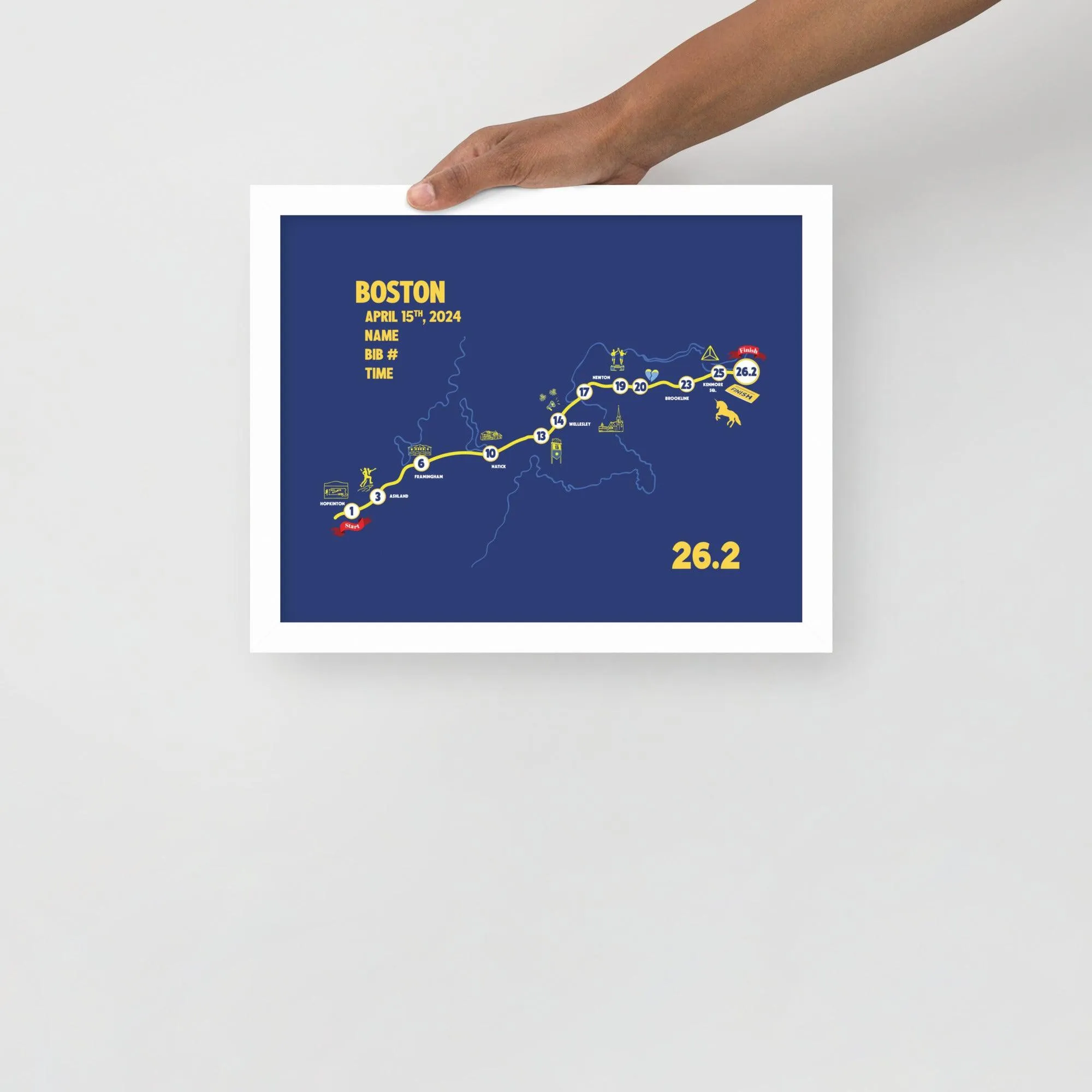 BOSTON MAP PRINT - PERSONALIZED MARATHON MAP WITH YEAR, FINISHER TIME, BIB NUMBER - MARATHON MAP