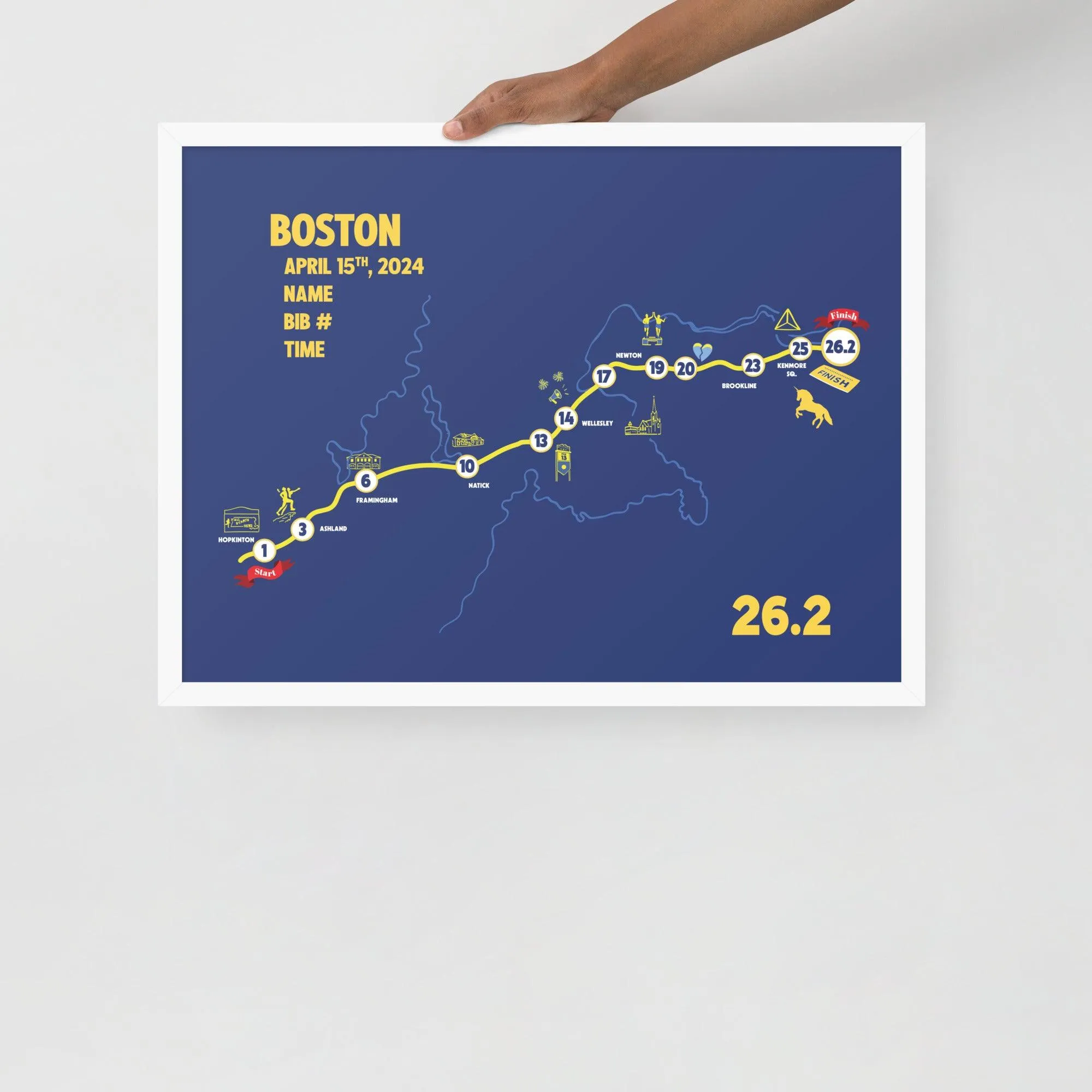 BOSTON MAP PRINT - PERSONALIZED MARATHON MAP WITH YEAR, FINISHER TIME, BIB NUMBER - MARATHON MAP