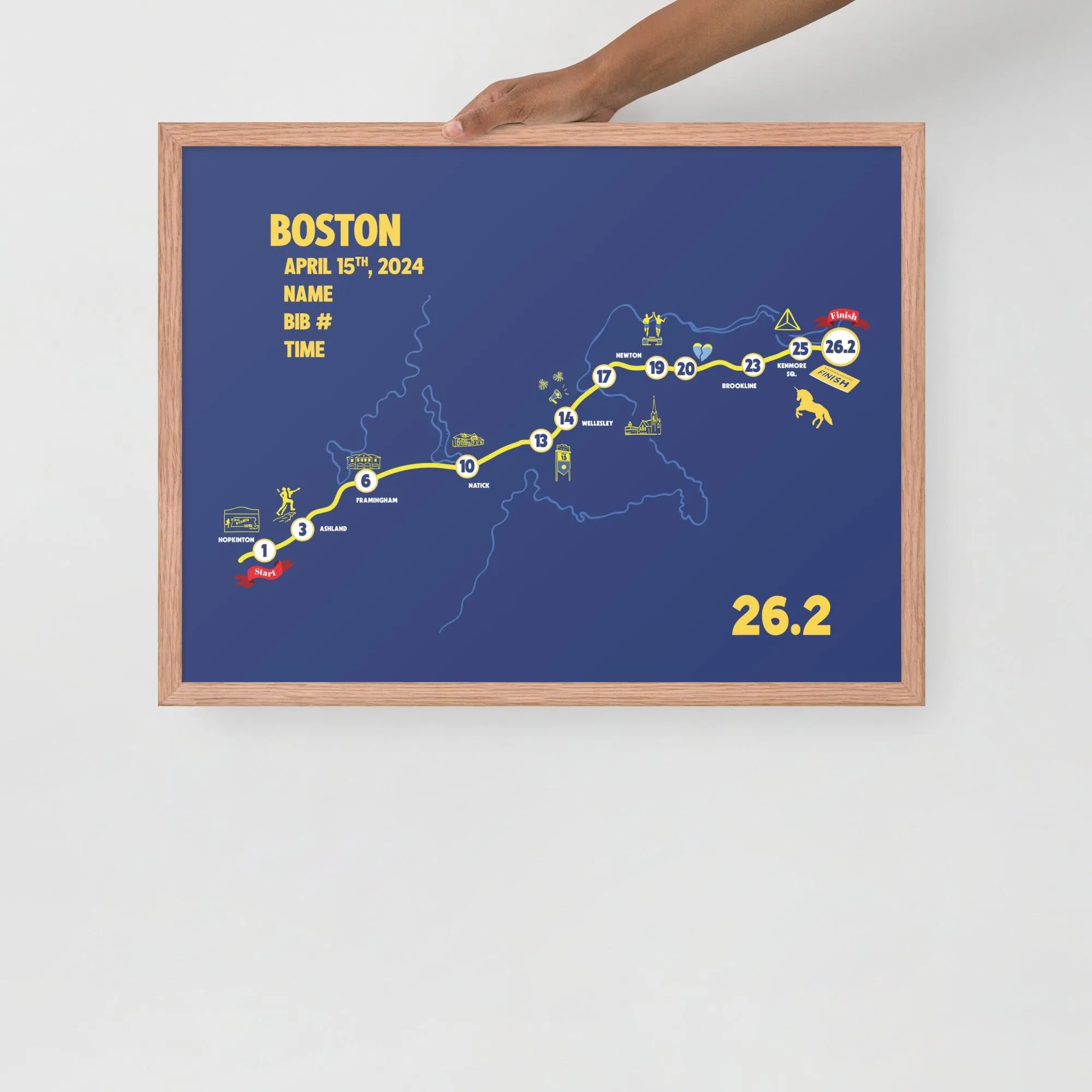 BOSTON MAP PRINT - PERSONALIZED MARATHON MAP WITH YEAR, FINISHER TIME, BIB NUMBER - MARATHON MAP