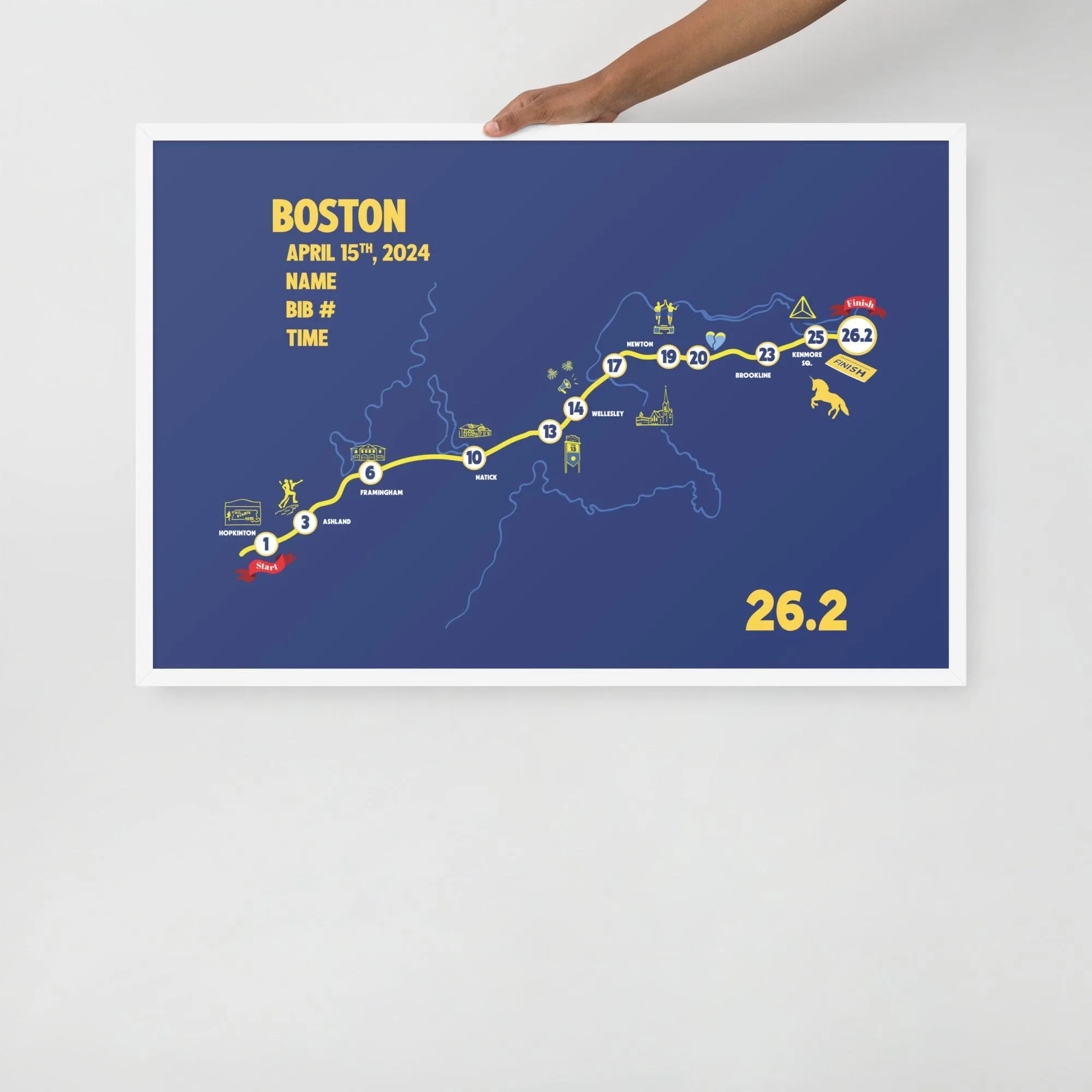BOSTON MAP PRINT - PERSONALIZED MARATHON MAP WITH YEAR, FINISHER TIME, BIB NUMBER - MARATHON MAP