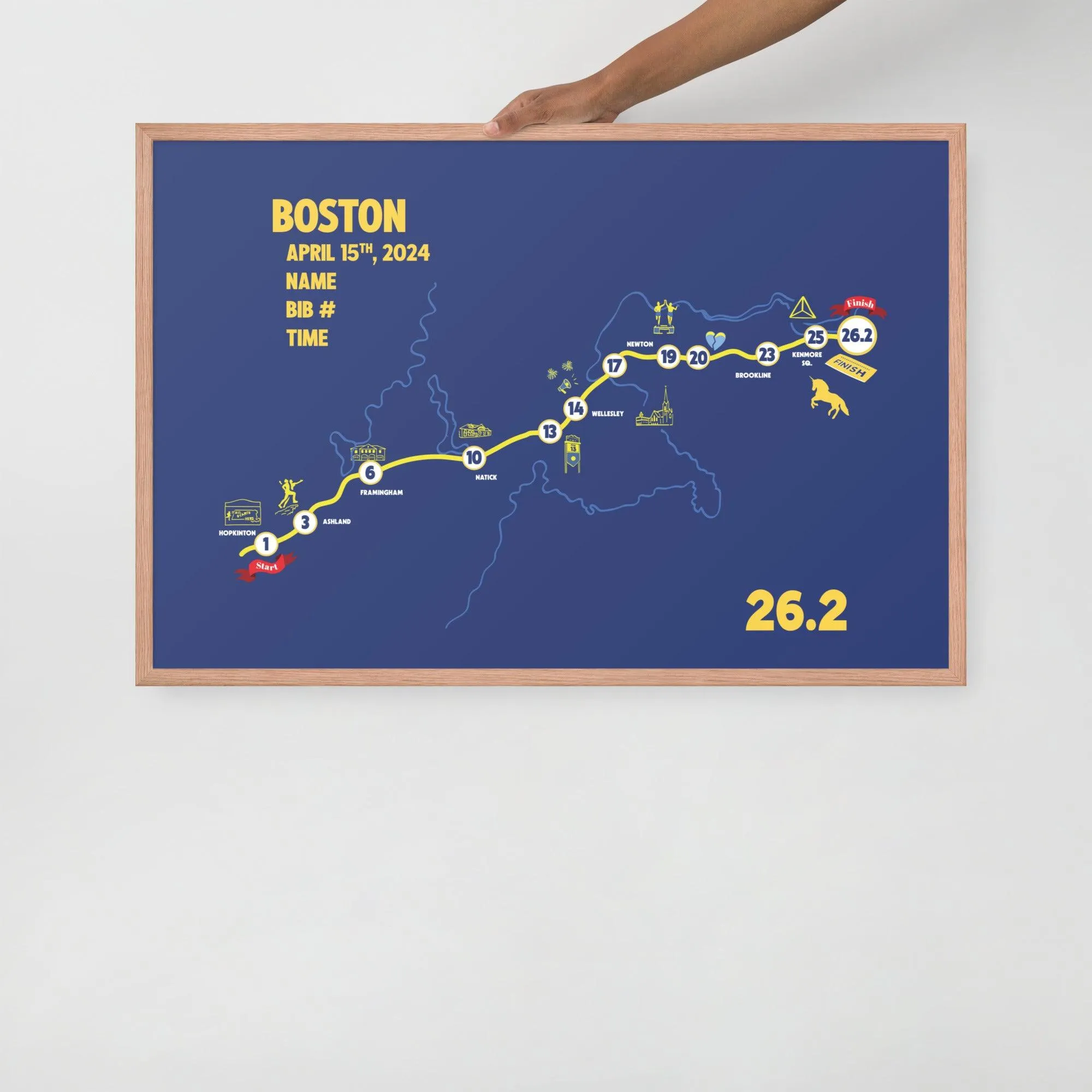 BOSTON MAP PRINT - PERSONALIZED MARATHON MAP WITH YEAR, FINISHER TIME, BIB NUMBER - MARATHON MAP