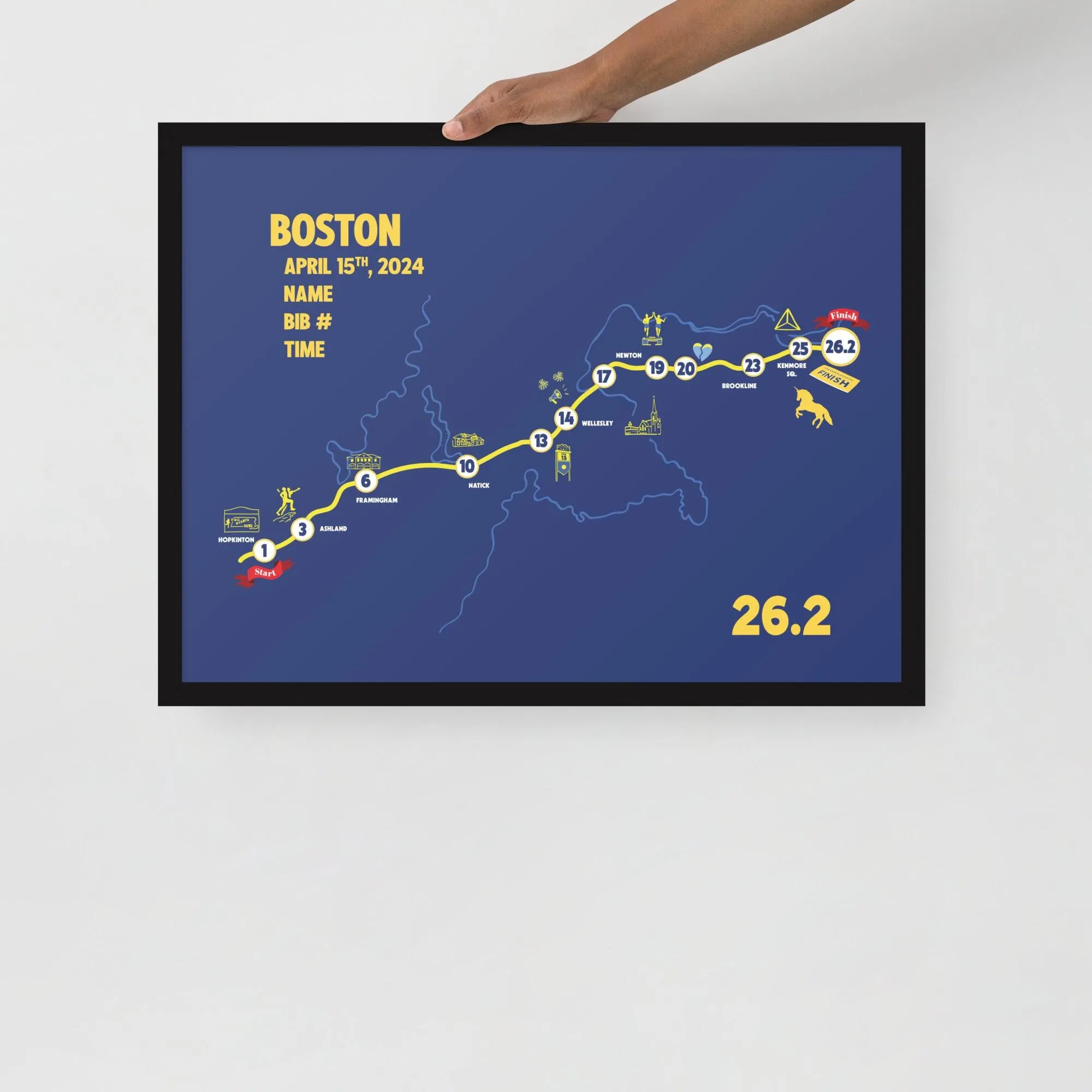 BOSTON MAP PRINT - PERSONALIZED MARATHON MAP WITH YEAR, FINISHER TIME, BIB NUMBER - MARATHON MAP