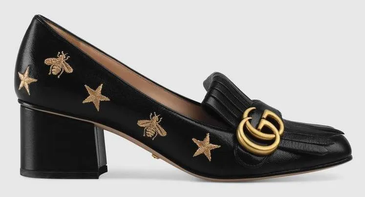 Embroidered Leather Mid-Heel Pump, Black