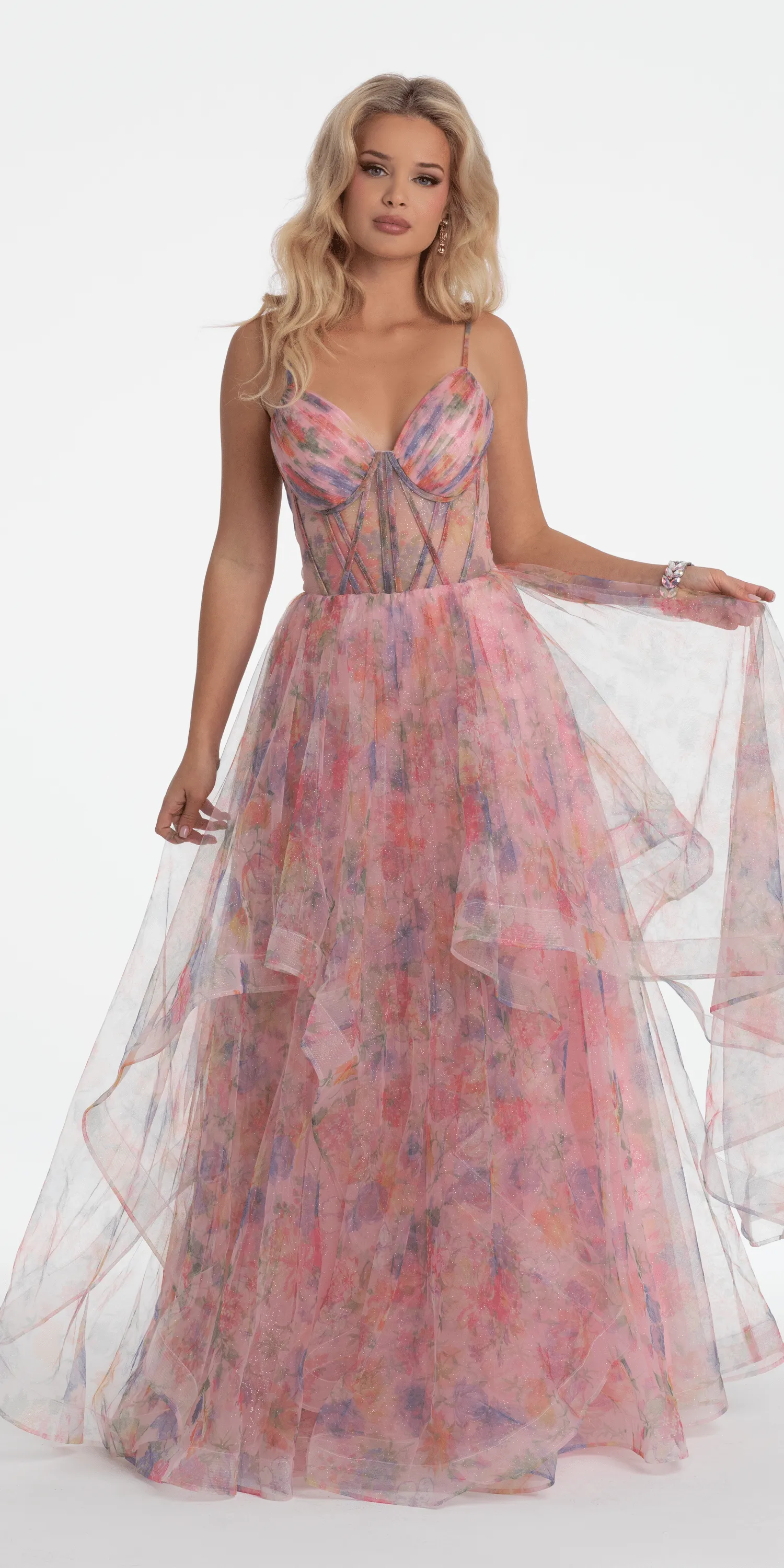 Floral Sweetheart Tiered Lace Up Back Corset Ballgown