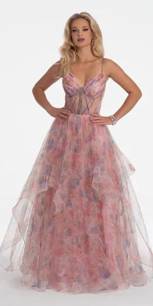 Floral Sweetheart Tiered Lace Up Back Corset Ballgown