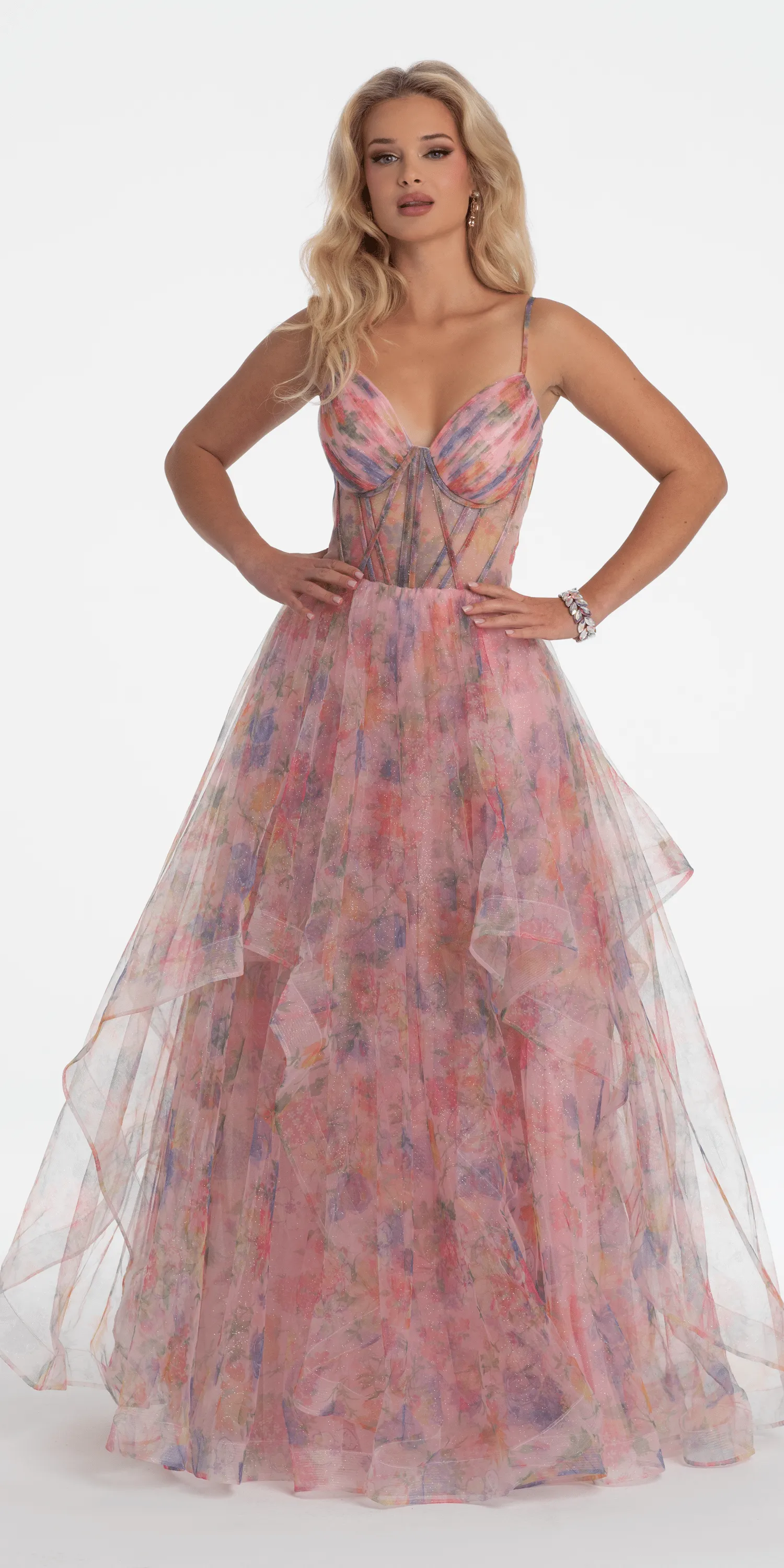 Floral Sweetheart Tiered Lace Up Back Corset Ballgown