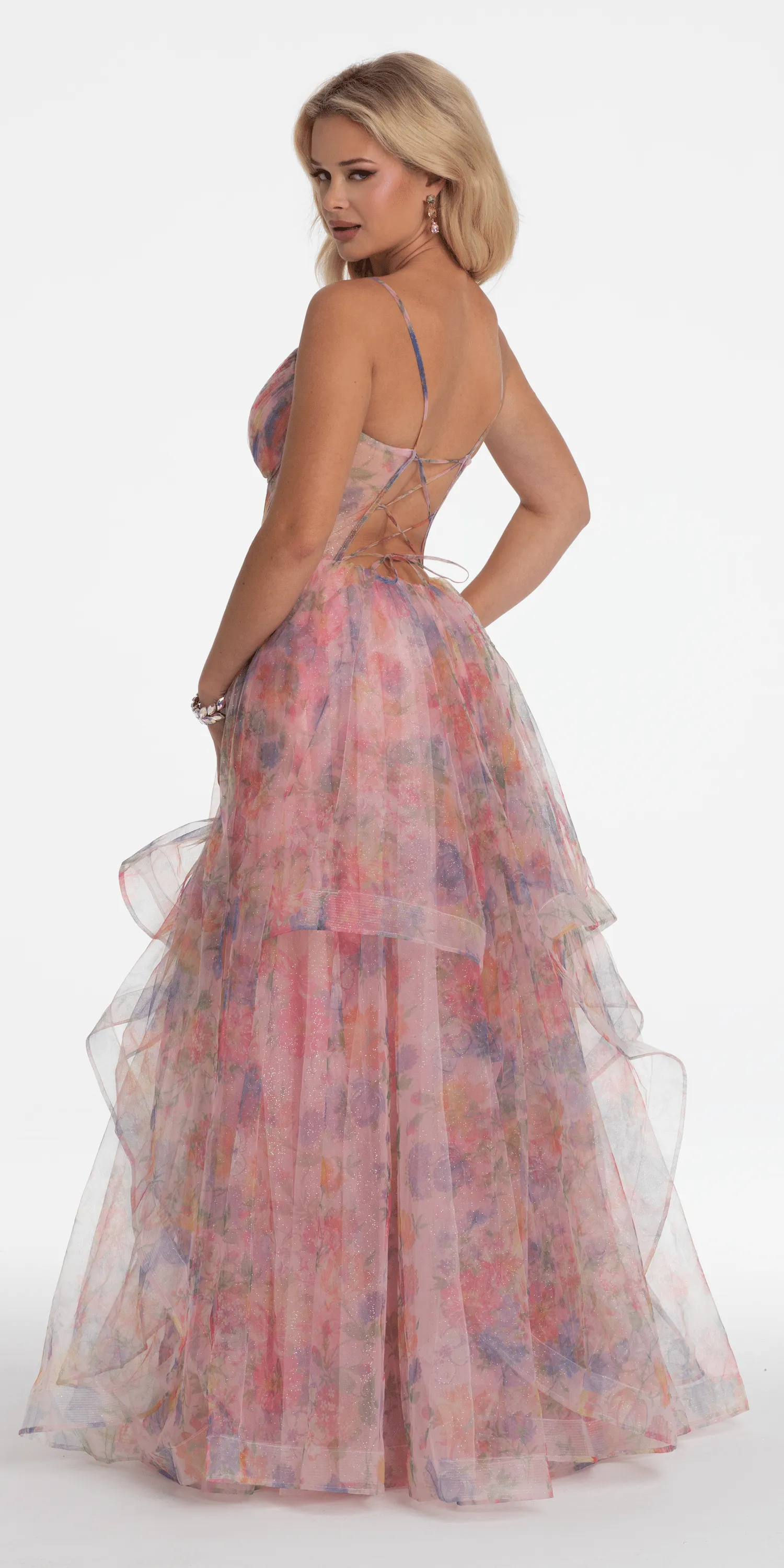 Floral Sweetheart Tiered Lace Up Back Corset Ballgown