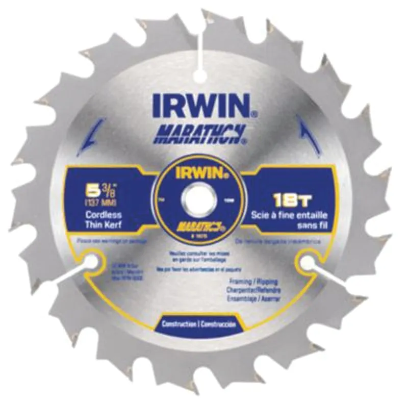 Irwin Marathon 14015 Circular Saw Blade, 5-3/8 in Dia, 0.39 in Arbor, 18-Teeth, Carbide Cutting Edge :CD 1: QUANTITY: 1