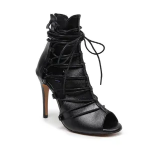 Karma - Black Bootie Side Lace Up Heel Dance Bootie (Street Sole)
