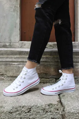 Men's White High-Top Canvas Sneakers with Red Stripe Detail - Wessi