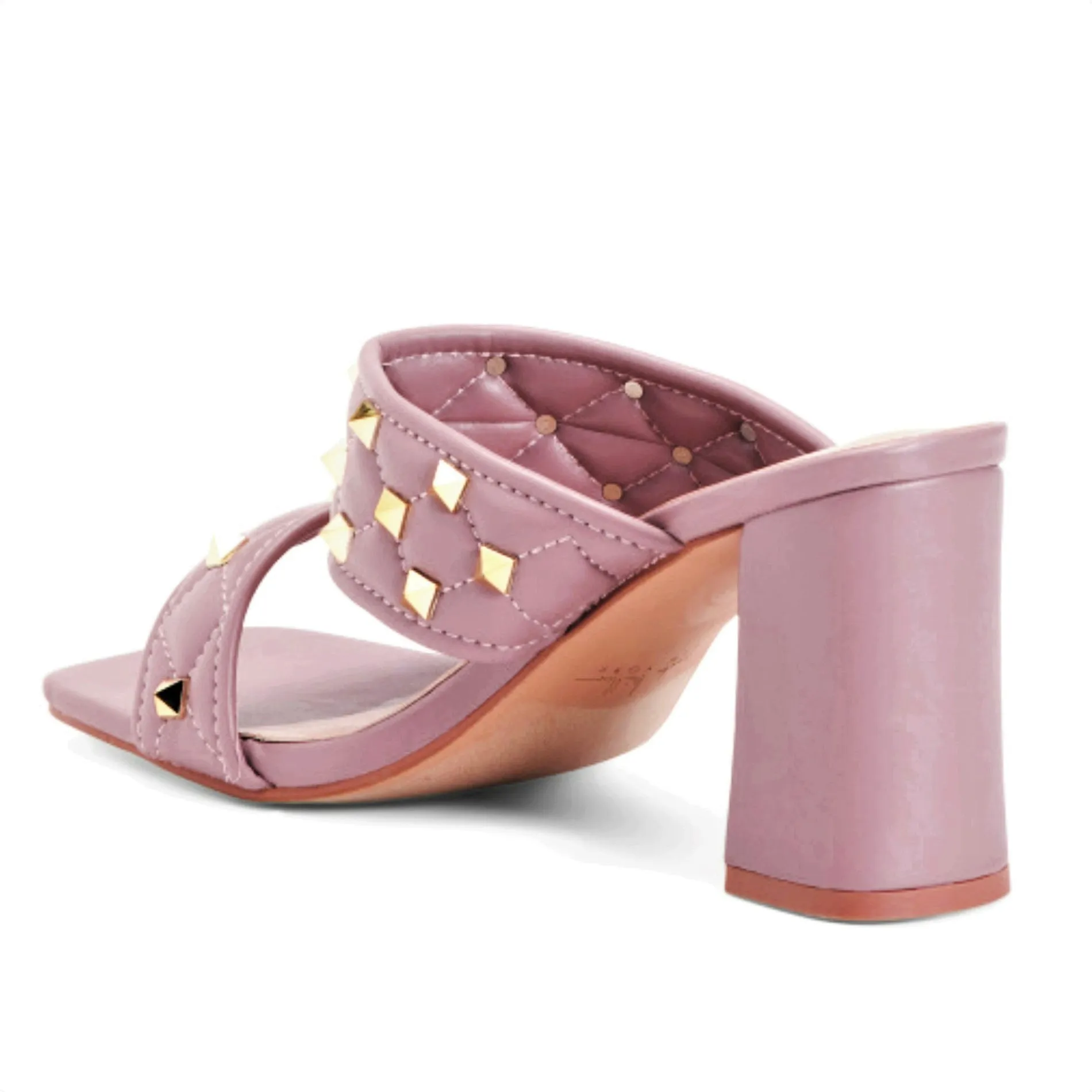 Nicole Miller Quilted Studded Square Toe Block Heel Slide-on Sandals