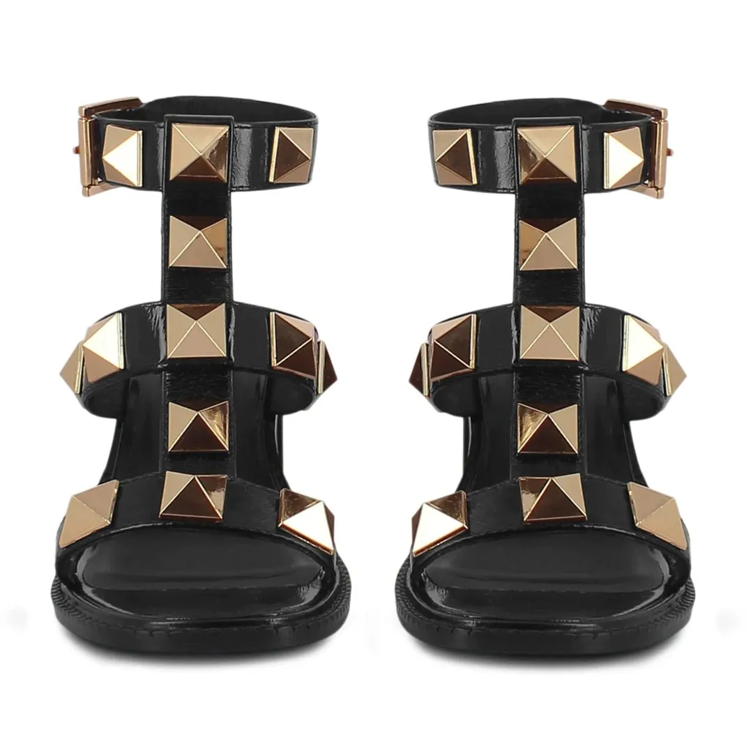 Saint Agnes Black Leather Metal Studded Heels