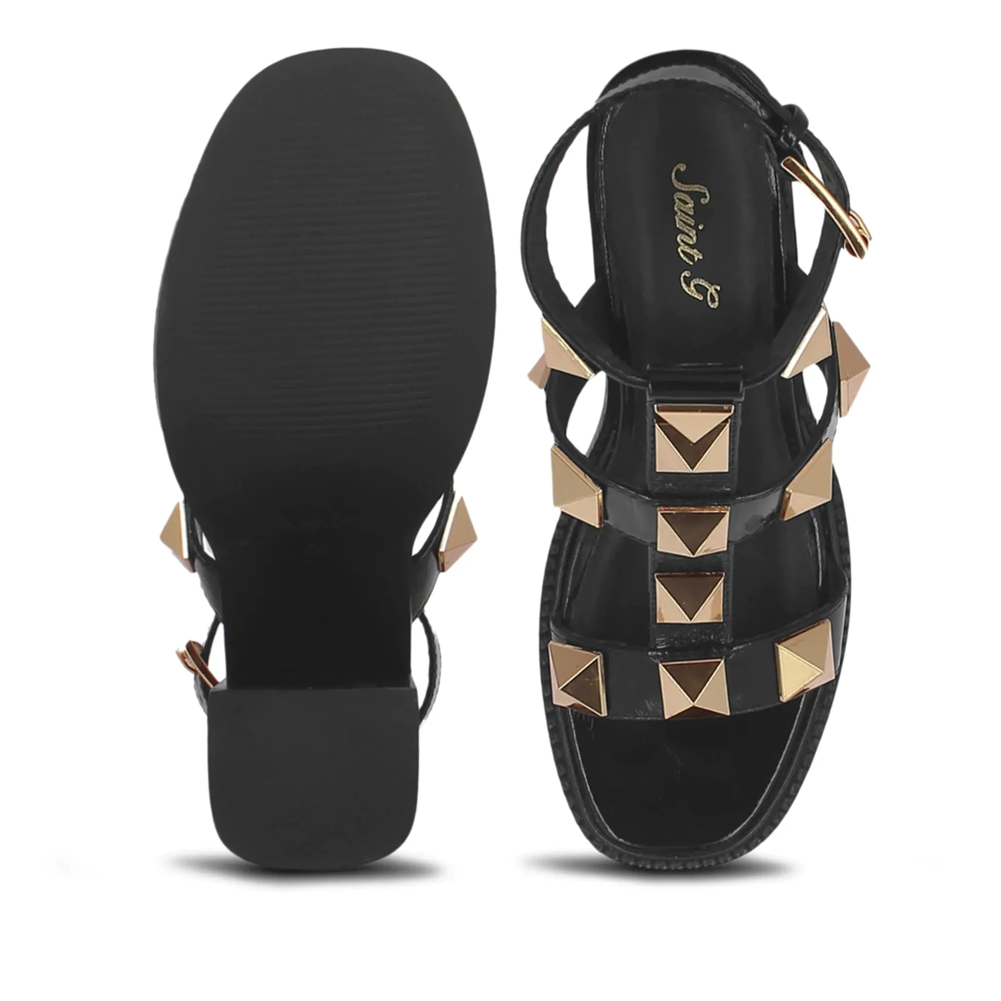 Saint Agnes Black Leather Metal Studded Heels
