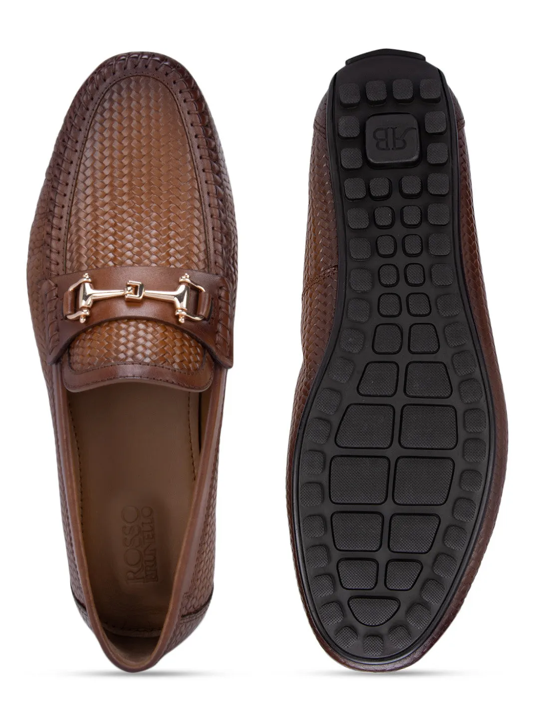 Tan Textured Leather Moccasins With Buckle