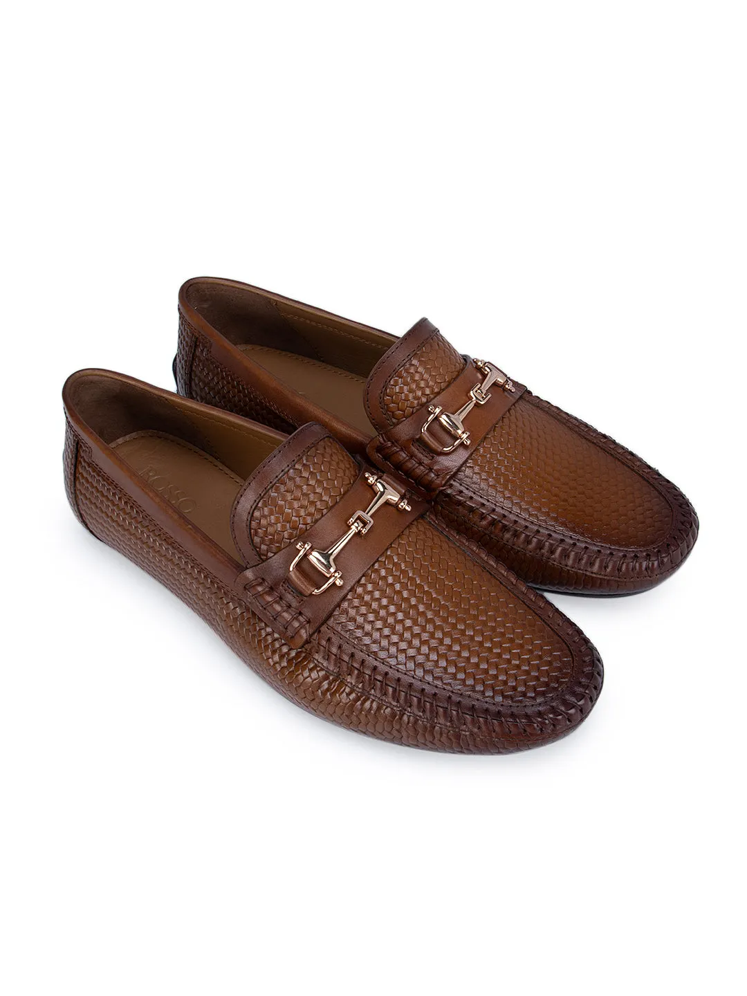 Tan Textured Leather Moccasins With Buckle