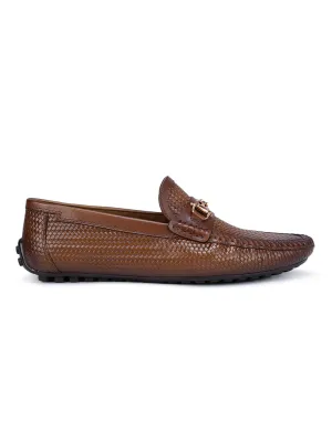 Tan Textured Leather Moccasins With Buckle