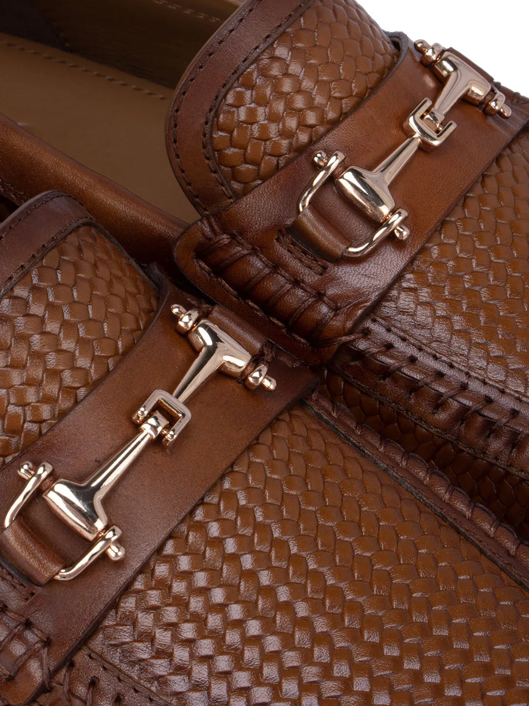 Tan Textured Leather Moccasins With Buckle