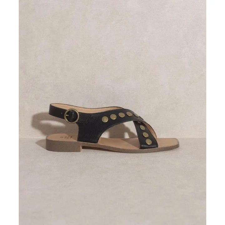 The Studded Cross Band Sandal in Black or Tan