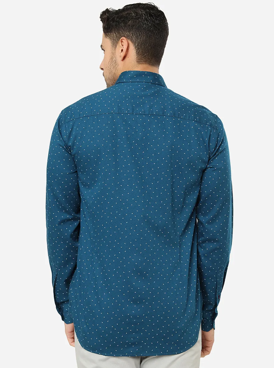 Turkish Blue Printed Slim Fit Casual Shirt | JadeBlue