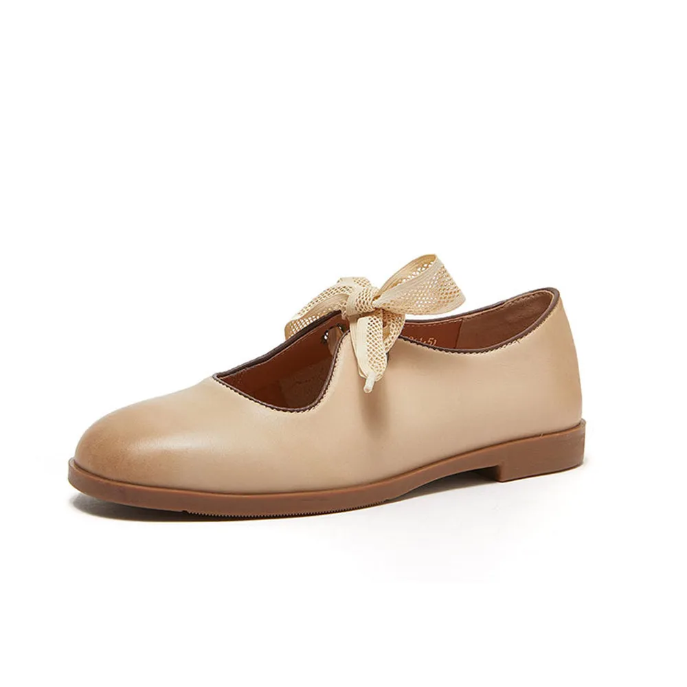 Women Round Toe Lace-up Leather Flat Shoes