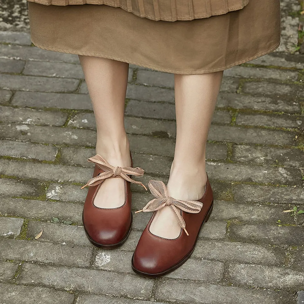 Women Round Toe Lace-up Leather Flat Shoes