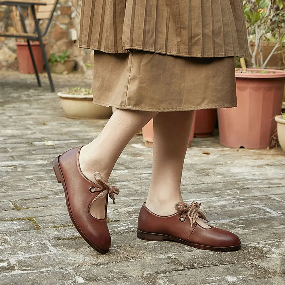 Women Round Toe Lace-up Leather Flat Shoes