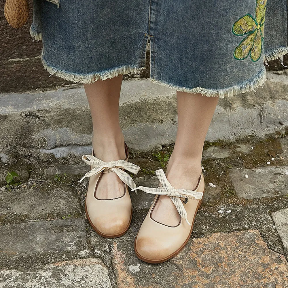 Women Round Toe Lace-up Leather Flat Shoes