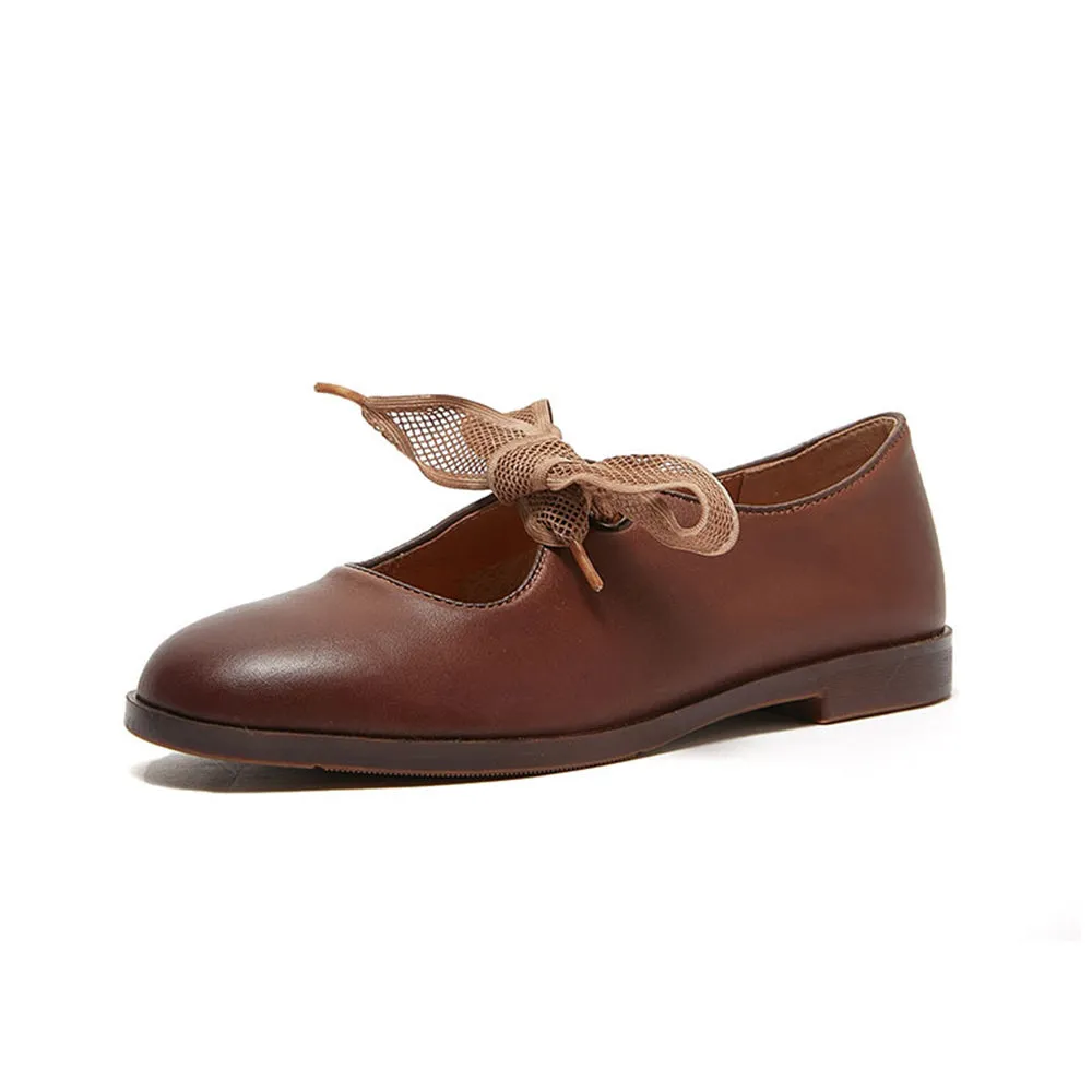 Women Round Toe Lace-up Leather Flat Shoes